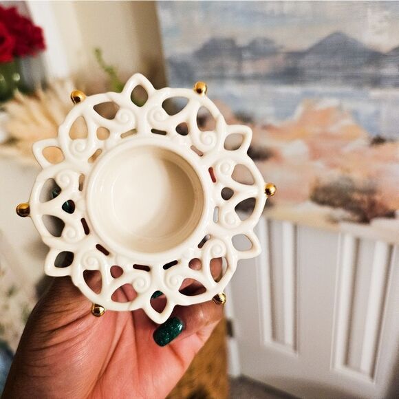 New VTG Set Of 2 Lenox Tealight Candle Holder & A Pierced Snowman Charm Decor. - Picture 2 of 9